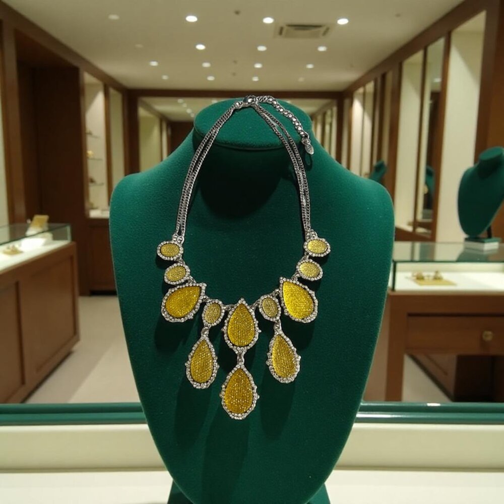 Aldo Statement Necklace with Yellow Beaded Teardrop Pendants and Rhinestone Trim